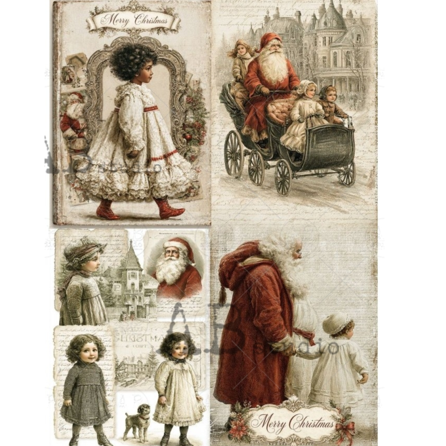 Vintage Christmas image featuring multiple antique illustrations of Santa Claus, children, and holiday scenes with faded parchment textures and 'Merry Christmas' banners.