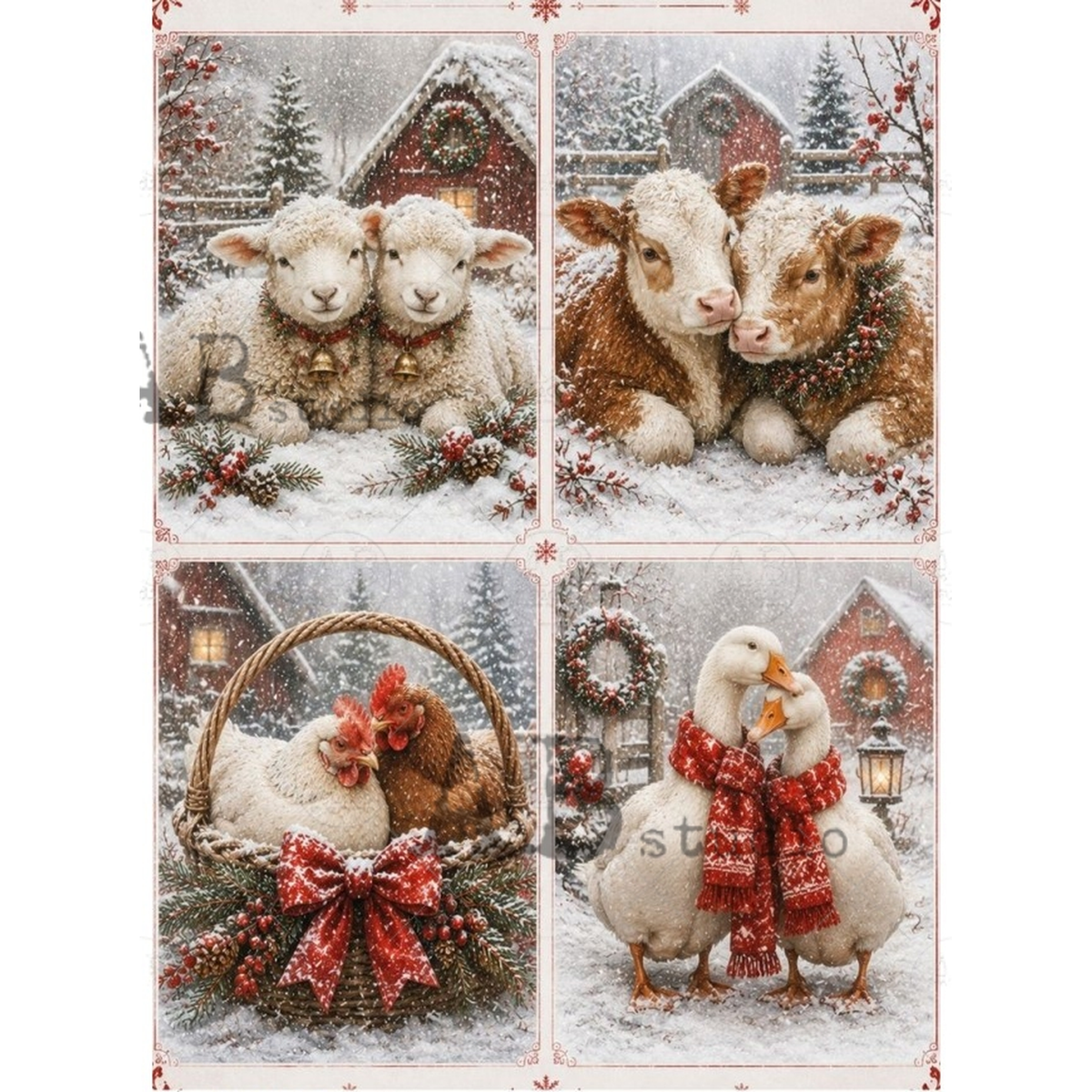 Four portraits of various farm animals with their significant others nuzzling in the snow.