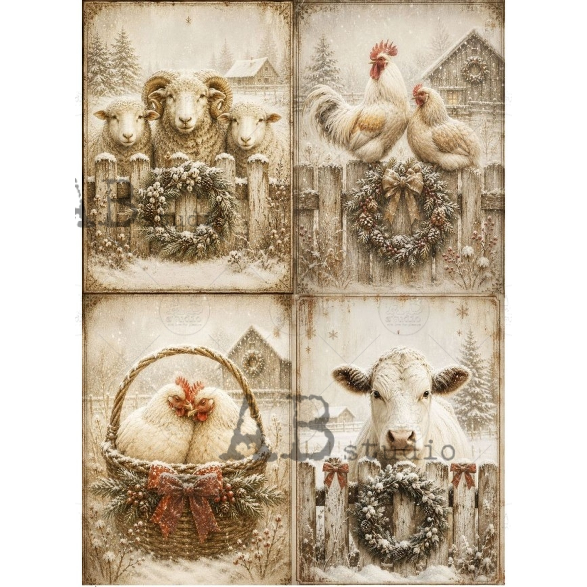 Four portraits of various farm animals against a snowy fence with wreaths and a basket with a red bow.