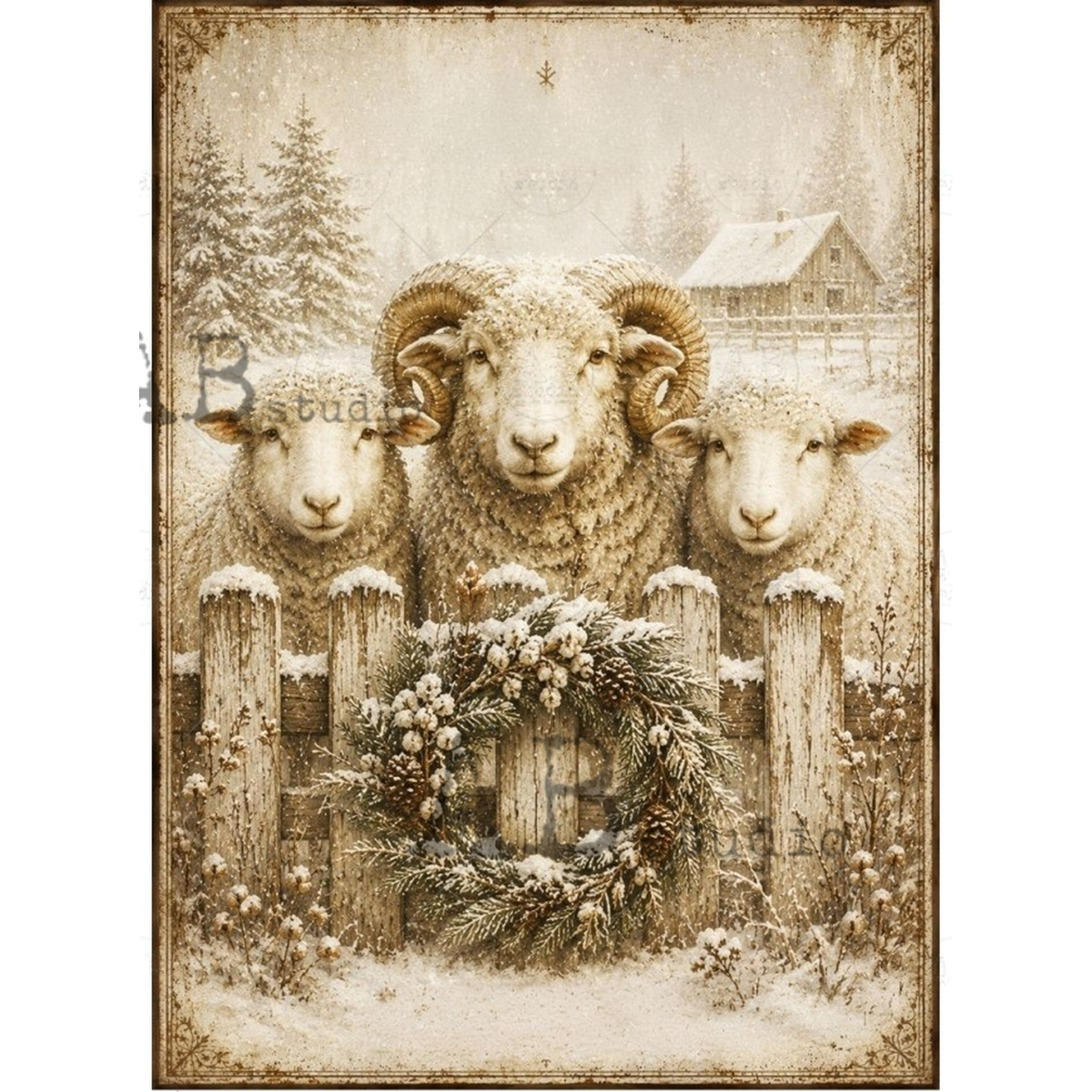 Sepia toned illustration of three rams on a snowy farm behind a wreath decoarted fence.
