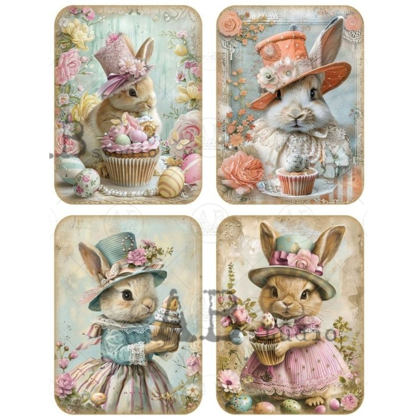 Four decorative images featuring rabbits in vintage attire with Easter-themed items.