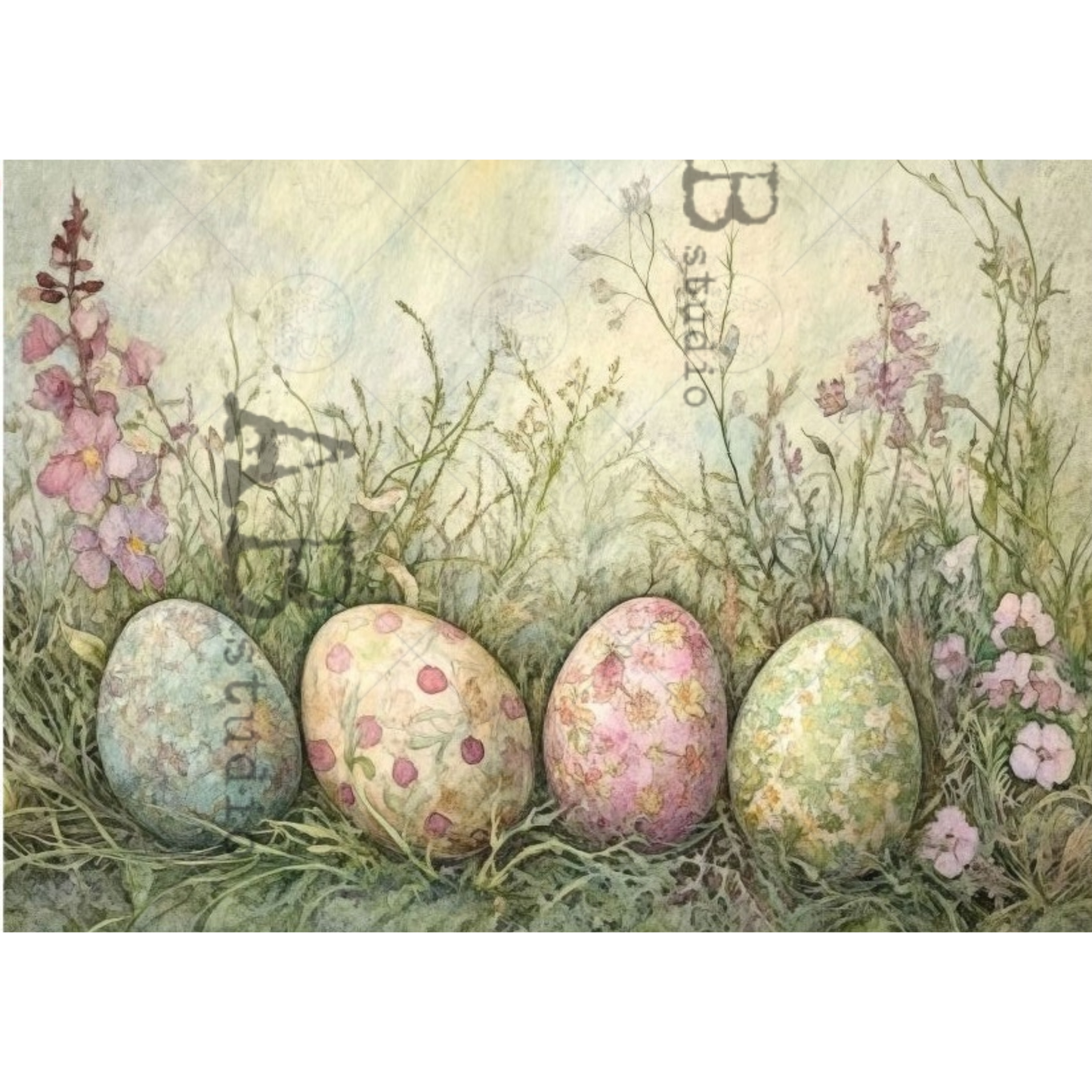 Decorative image of Easter eggs with floral patterns in a grassy setting.