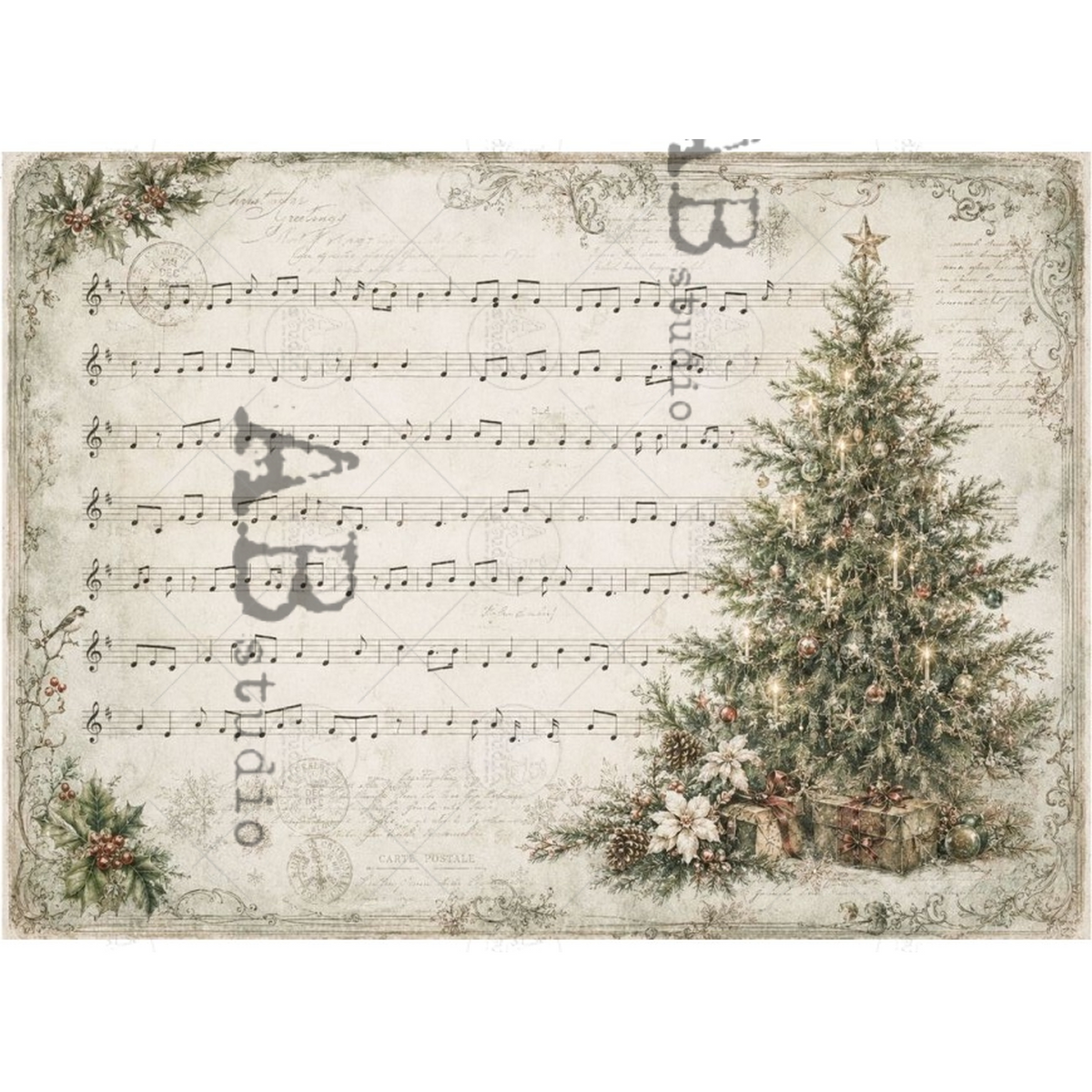 Illustrated image of vintage sheet music with decorated pine tree.