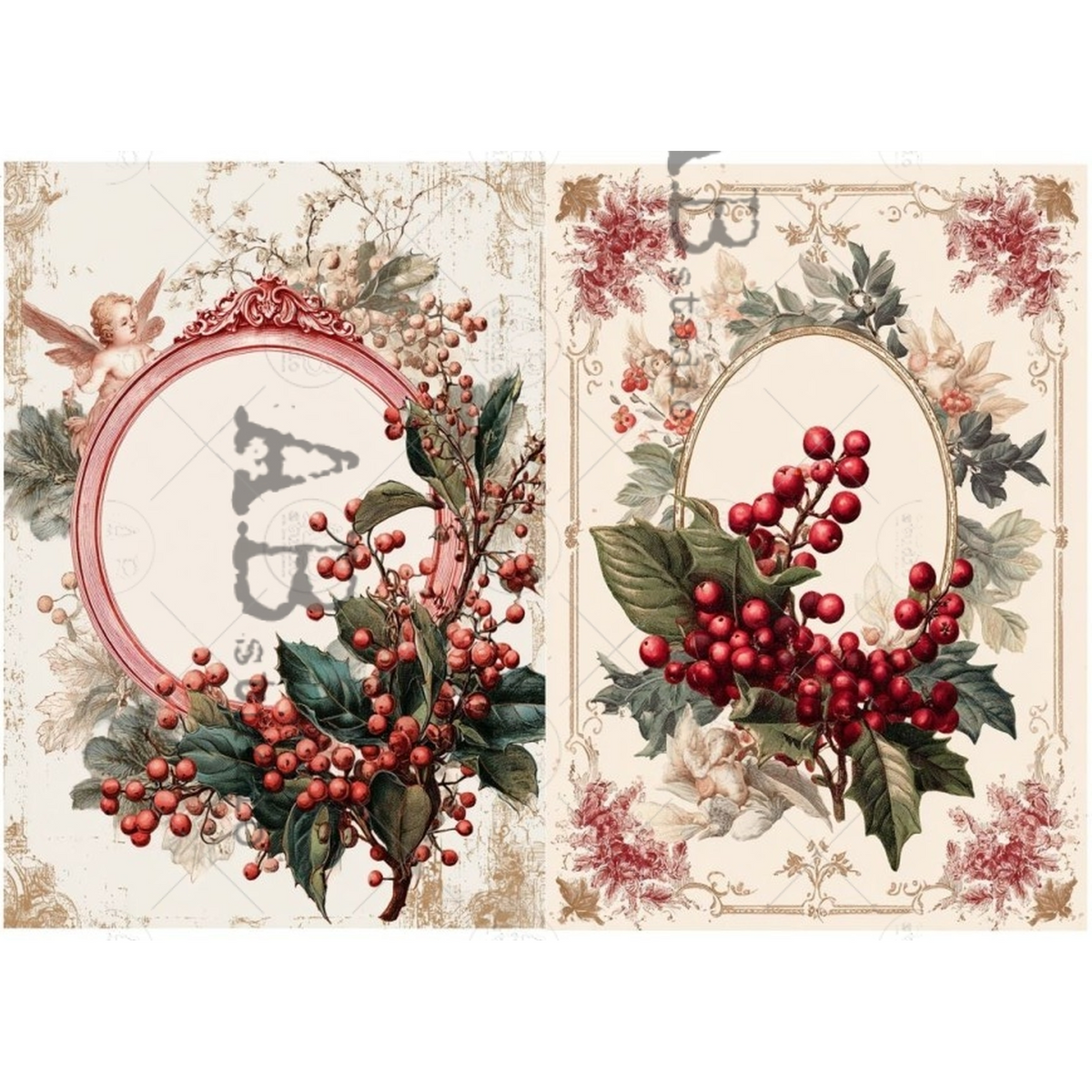 Two image of pink frames decorated with sprigs of holly berries.