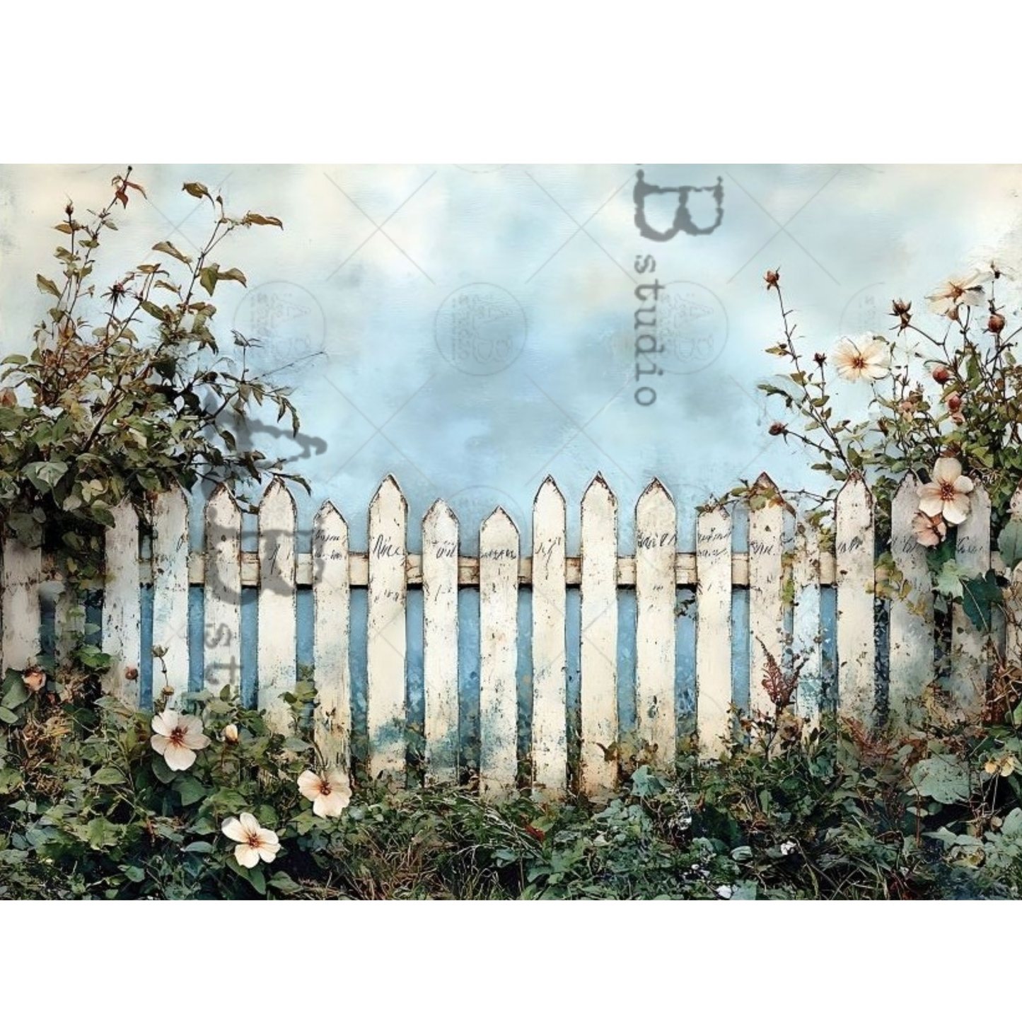 White picket fence with flowers and plants against a light blue sky.