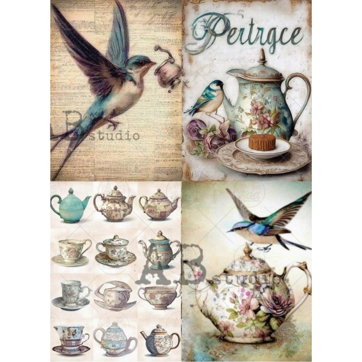 Collage of vintage-style teapots and birds with floral designs.