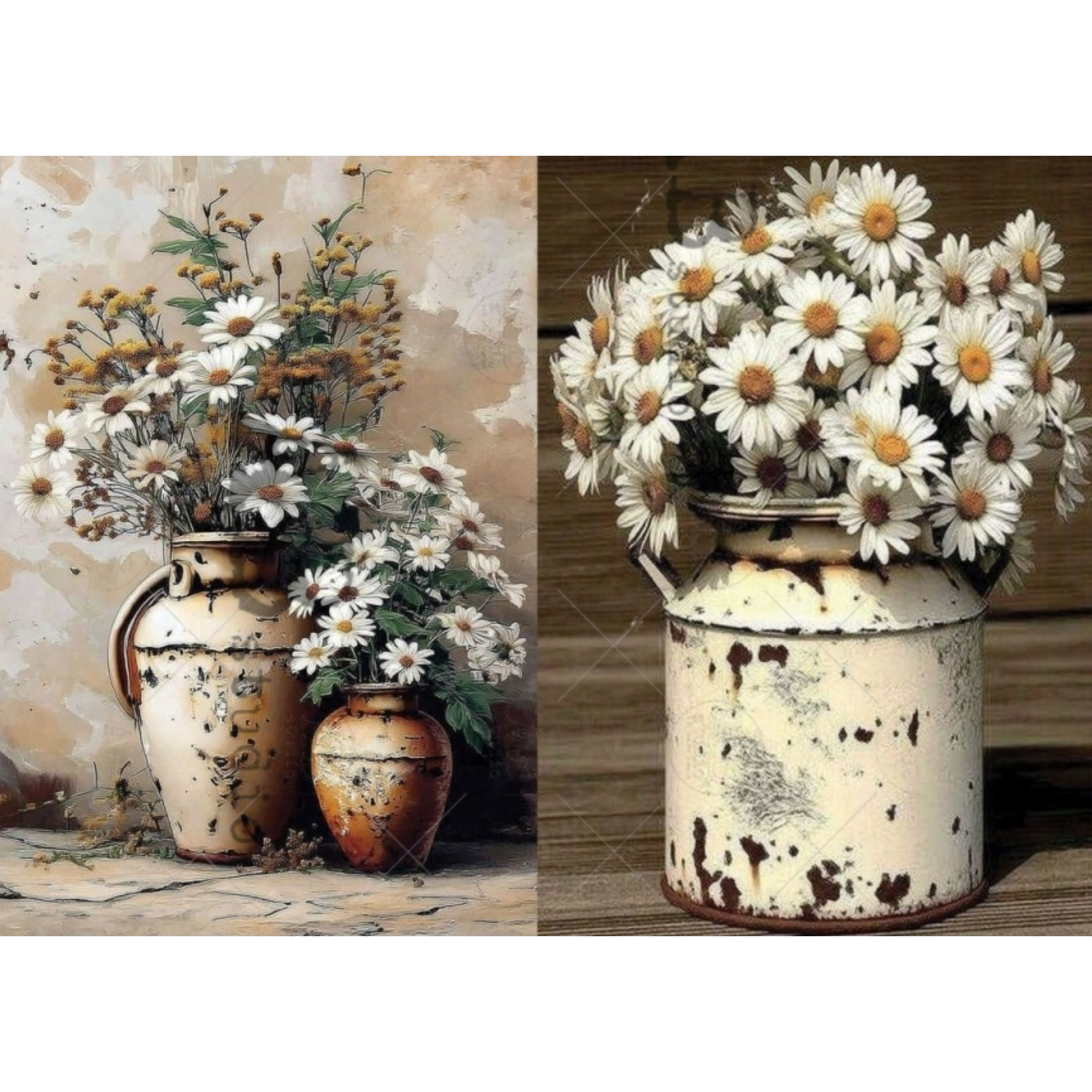 Two rustic milk jugs with flowers against a textured wall and wooden surface.