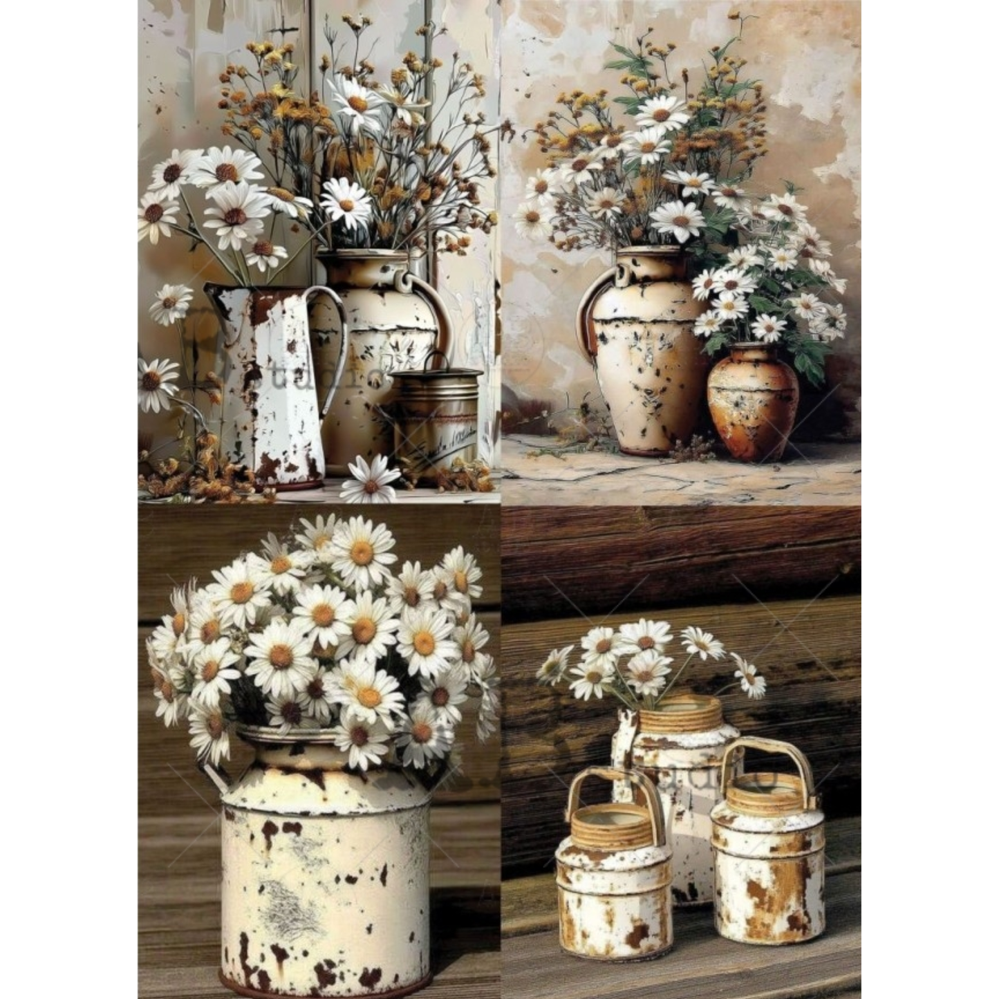 Collage of four images with rustic decor and floral arrangements in vintage-style milk jugs on a wooden surface.
