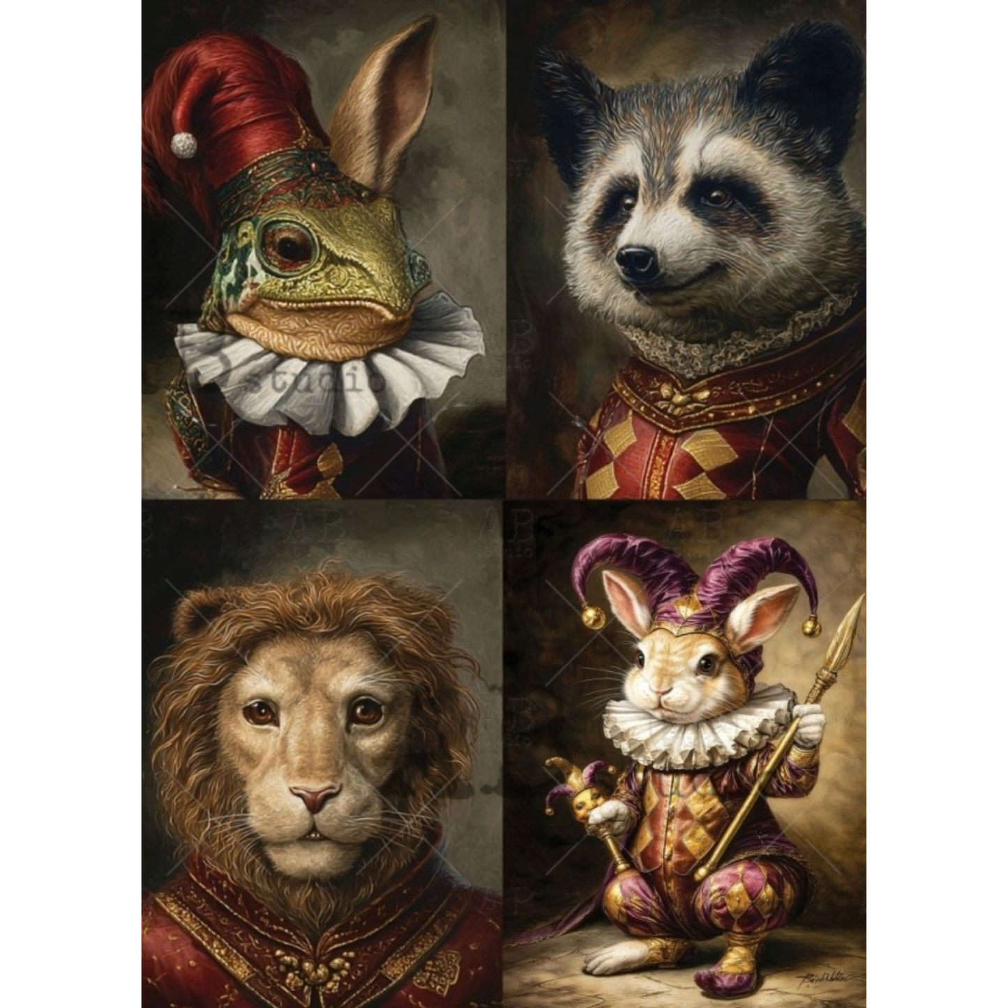 Four animal portraits in Renaissance-style clothing on a textured background.