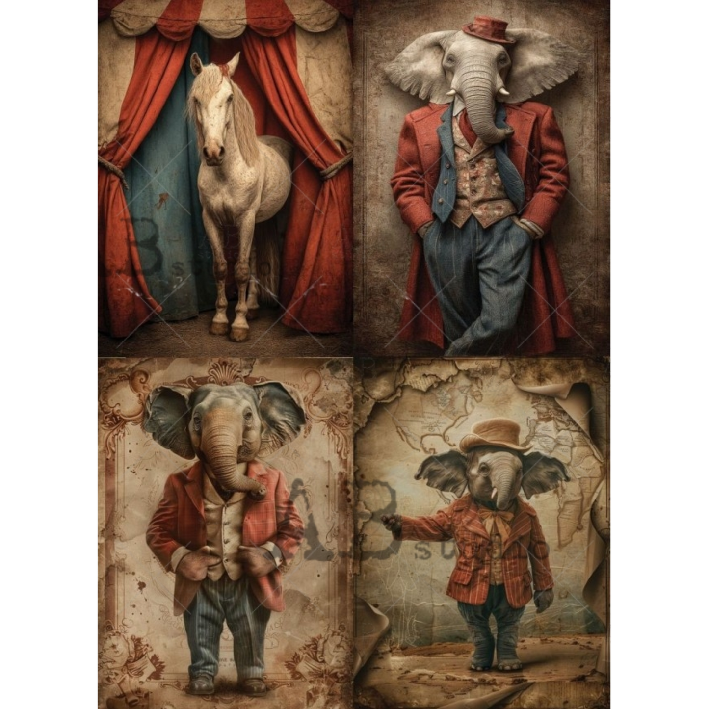 Collage of animals in human-like clothing with a vintage circus theme.