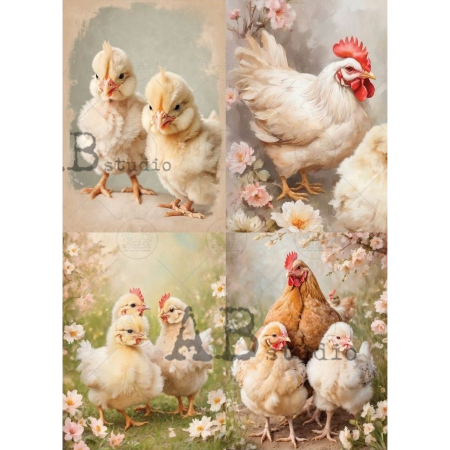 Four image collage of chicks and hens with floral elements.