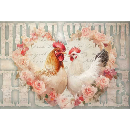 Two chickens surrounded by flowers with a decorative background