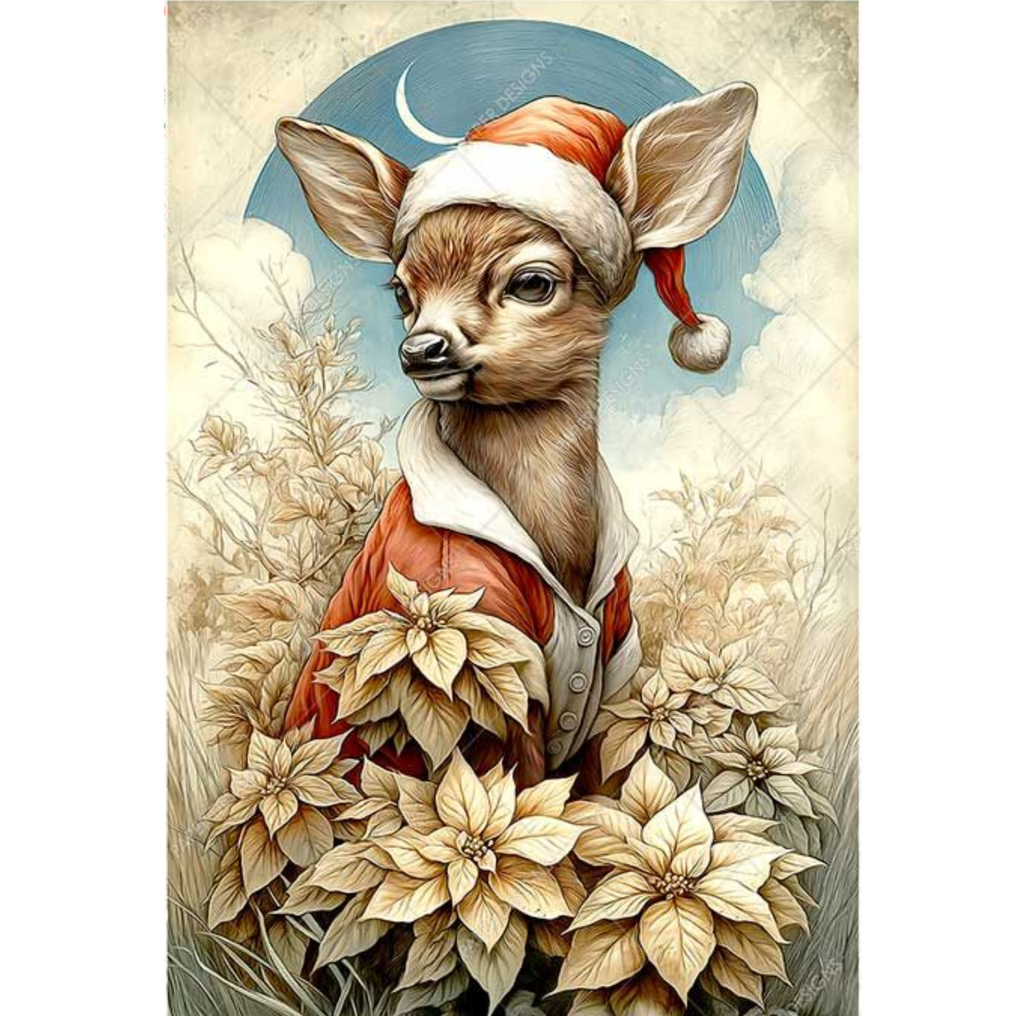 A stylized illustration of a deer wearing a Santa hat and red coat, surrounded by cream poinsettias against a blue moonlit sky background.