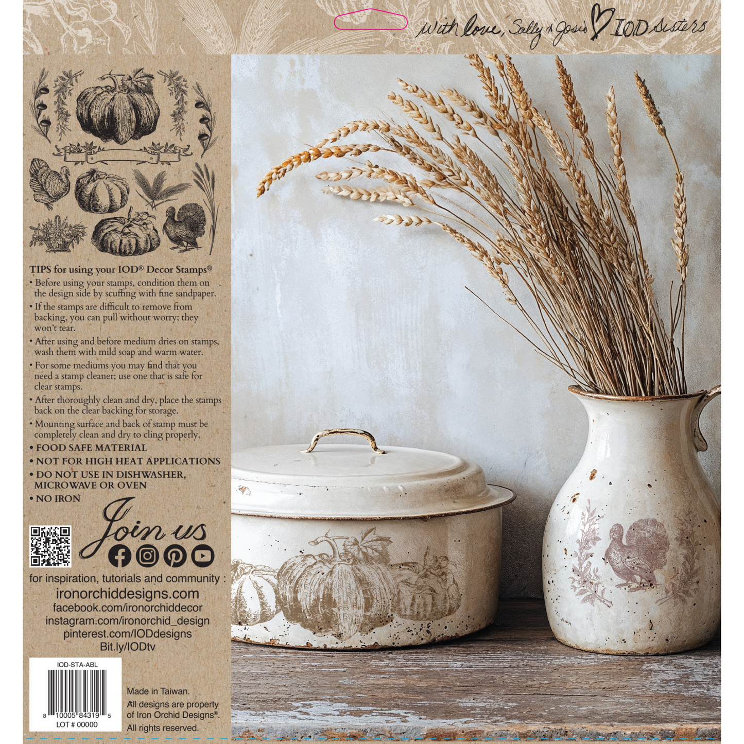 "Autumn Blessings" IOD Stamp by Iron Orchid Designs. Single sheet stamp. Back cover. Available at Milton's Daughter. Vintage-style illustrations of pumpkins, turkeys, and autumn elements.