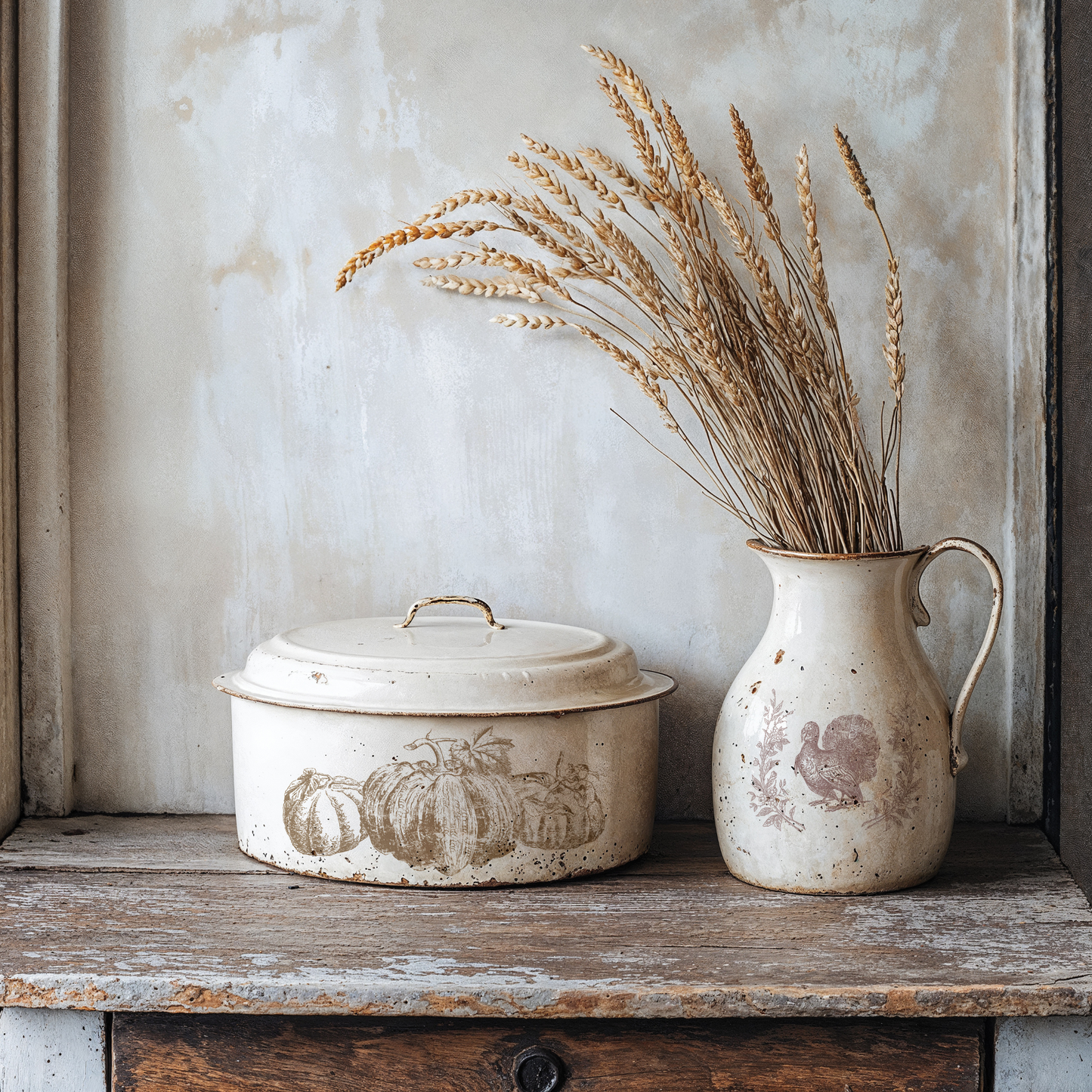 "Autumn Blessings" IOD Stamp by Iron Orchid Designs. Single sheet stamp. Available at Milton's Daughter. Example pic. Vintage-style ceramic crock and pitcher with wheat on a wooden surface.
