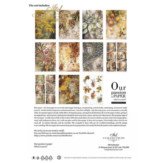 Autumn Love Story Decoupage Rice Paper Set from ITD Collection. Back Cover. Includes 11 pages of decoupage rice papers with fall foliage, berries and autumn scenes.