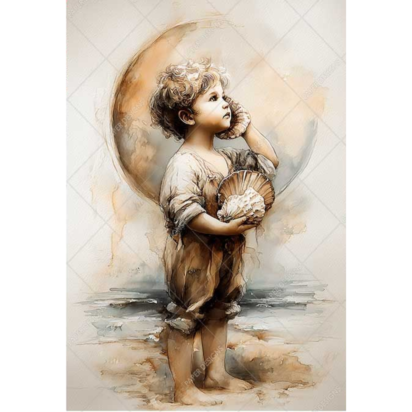 Artistic depiction of a young boy holding a shell to his ear against a textured background.