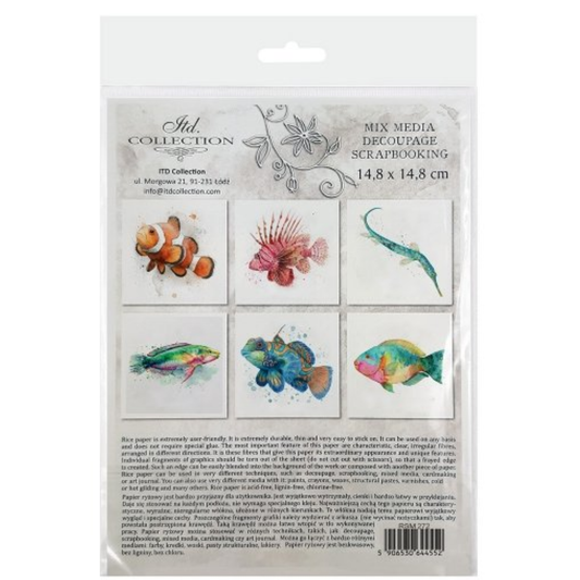 Back Cover of retail packaged set of mini decoupage rice papers, featuring six colorful watercolor fish illustrations on white paper.