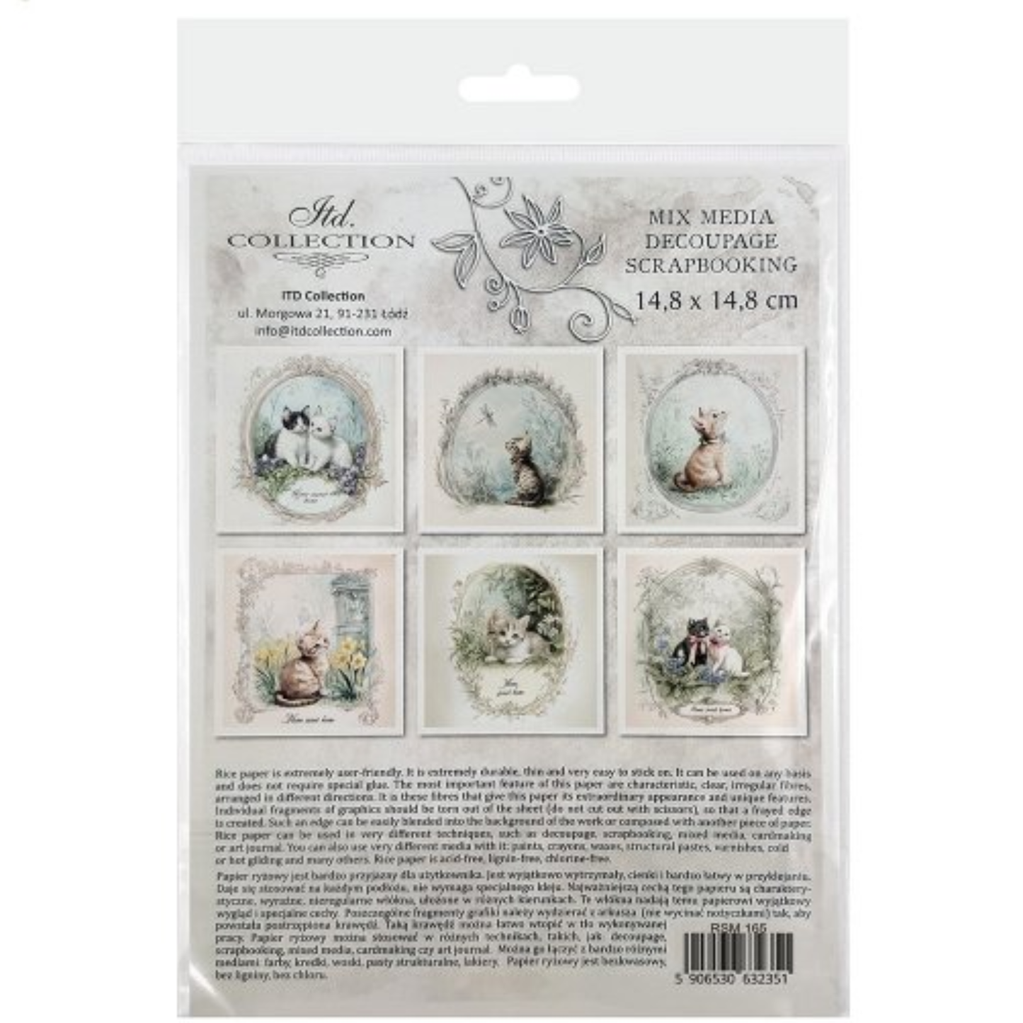 Back cover packaging of decoupage paper with illustrations of kittens on a white background