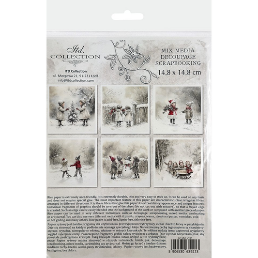 Back packaging of mini rice paper set with children's winter scene images.