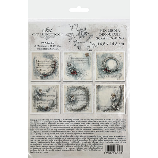 Packaging of ITD Collection decoupage scrapbooking paper with decorative wreath and musical text designs on a white background.