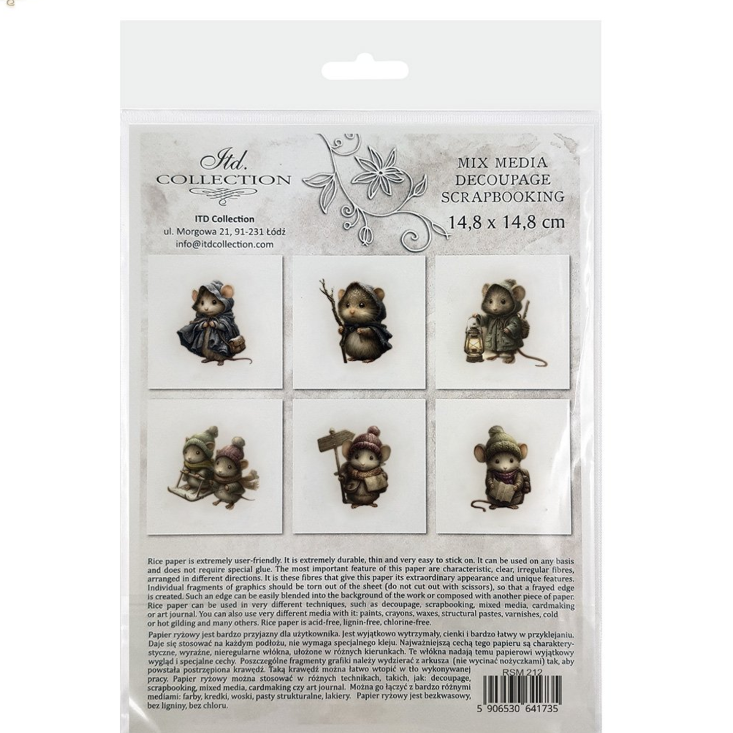 Back cover with six images of winter-themed mouse illustrations and printed text.