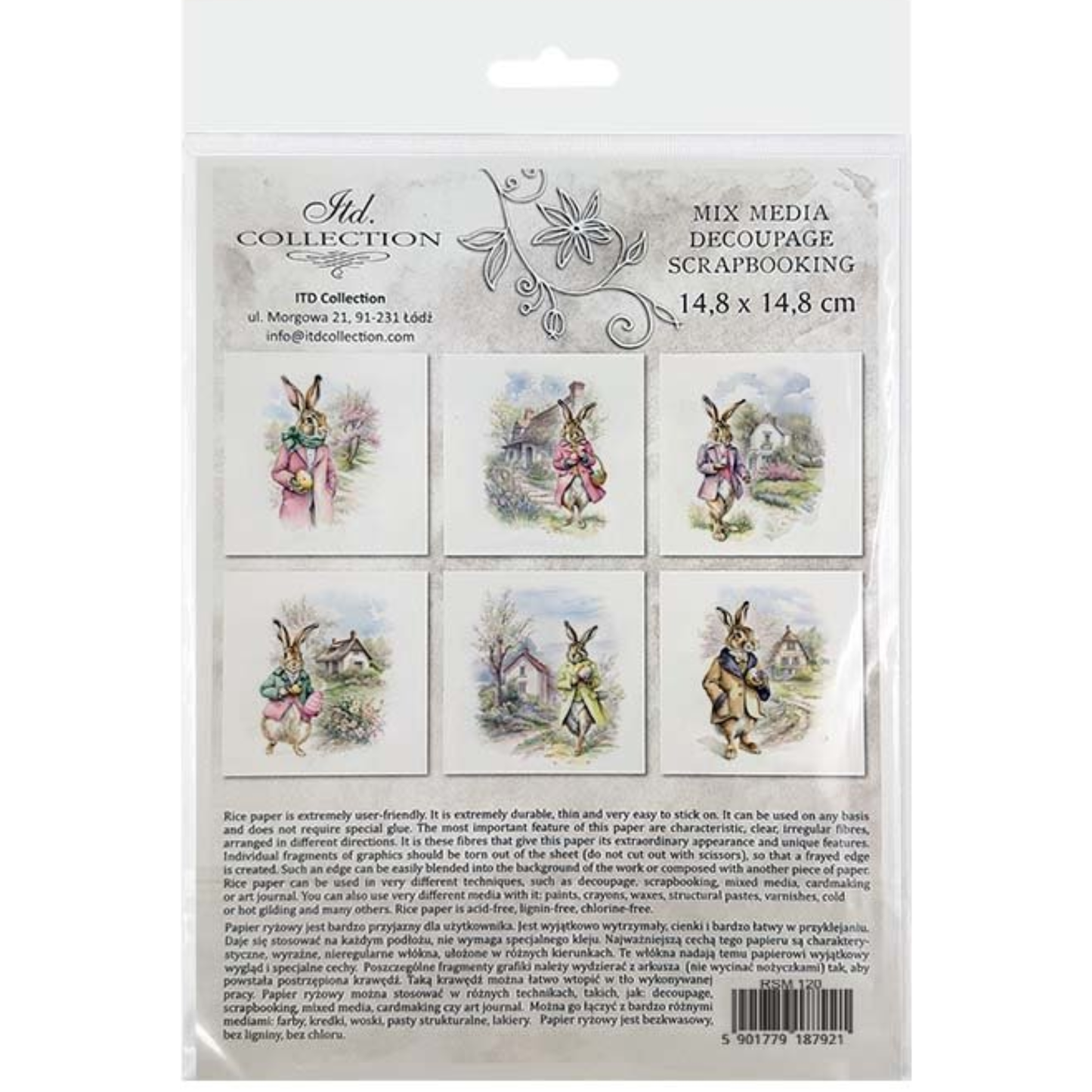 Back cover packaging of decoupage scrapbooking paper with rabbit illustrations on a white background