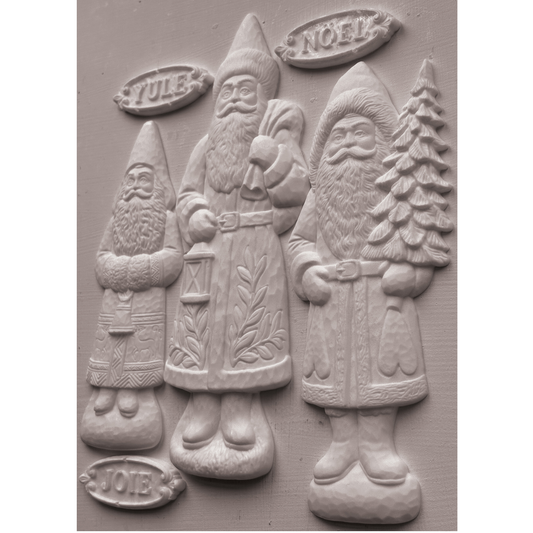Castings example of IOD Mould Belsnickel showing three figurines and small labels, Yule, Noel and Joie.