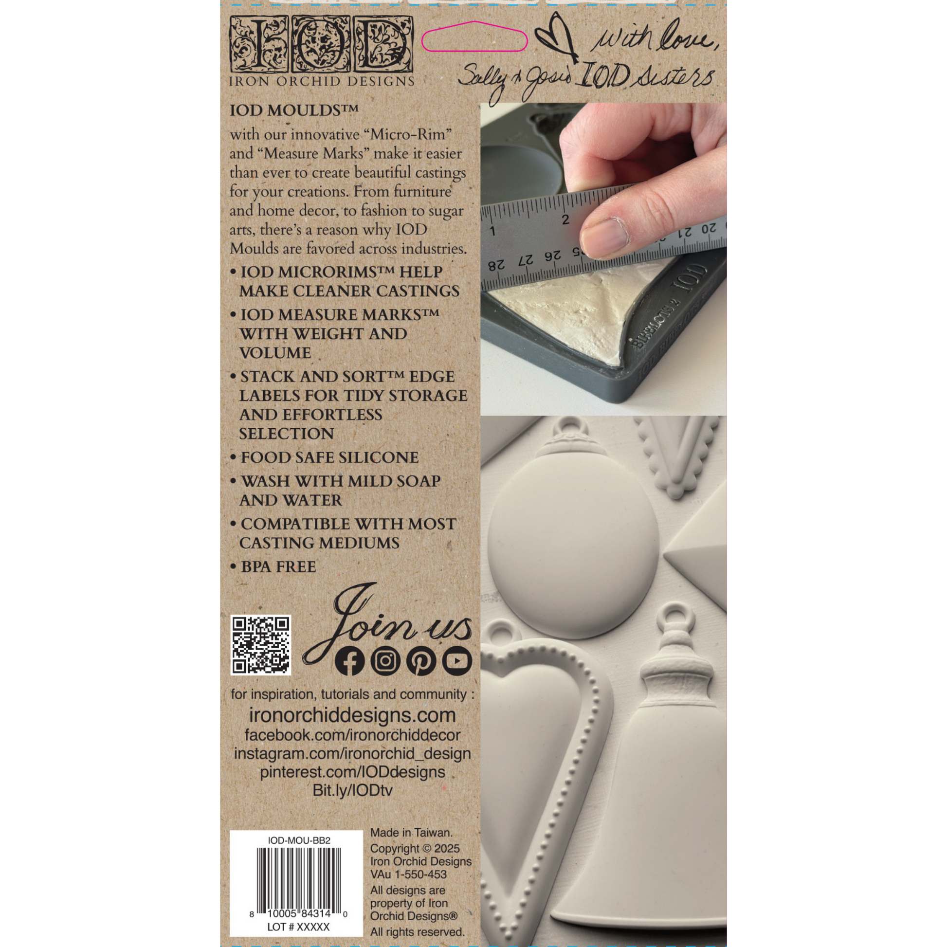 "Bibelots" IOD silicone mould by Iron Orchid Designs. Available at Milton's Daughter. Packaging with text and product images.