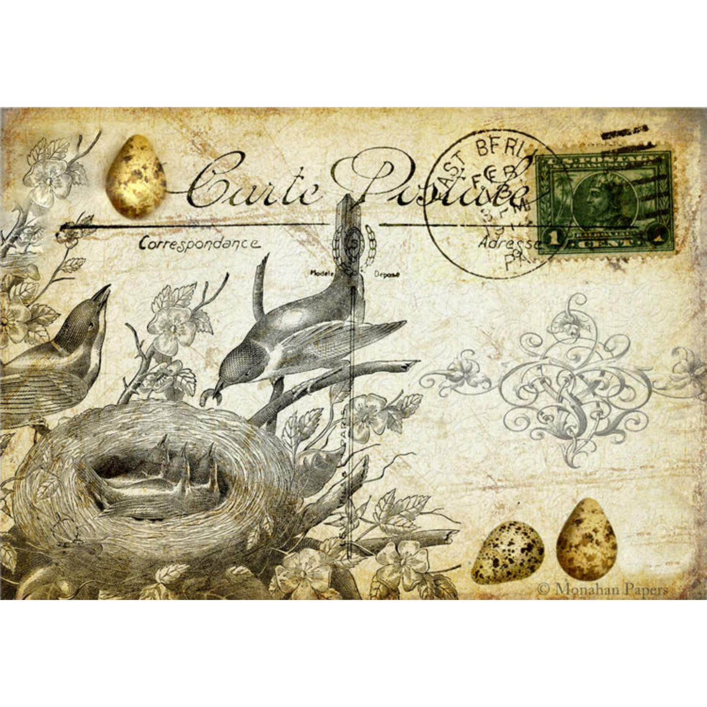 "Bird Feeding Babies" 24 lb decoupage paper by Monahan Papers. Available at Milton's Daughter.