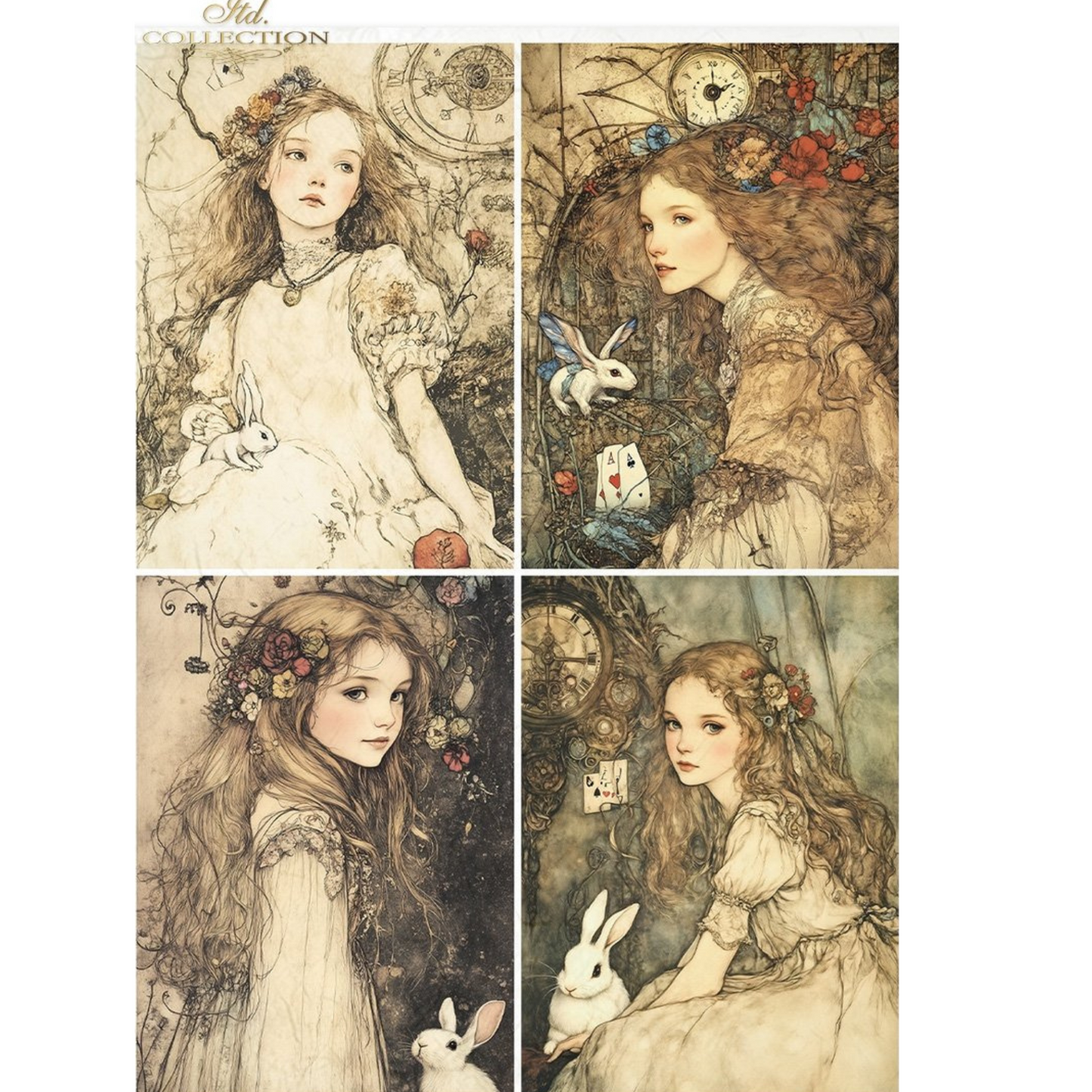 Set of four illustrated cards featuring a young girl with a rabbit and floral decorations.