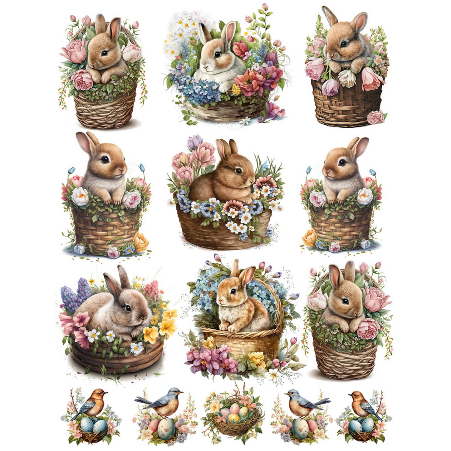 "Bunnies in Baskets-9 Scenes" decoupage rice paper by Calambour. Available at Milton's Daughter.