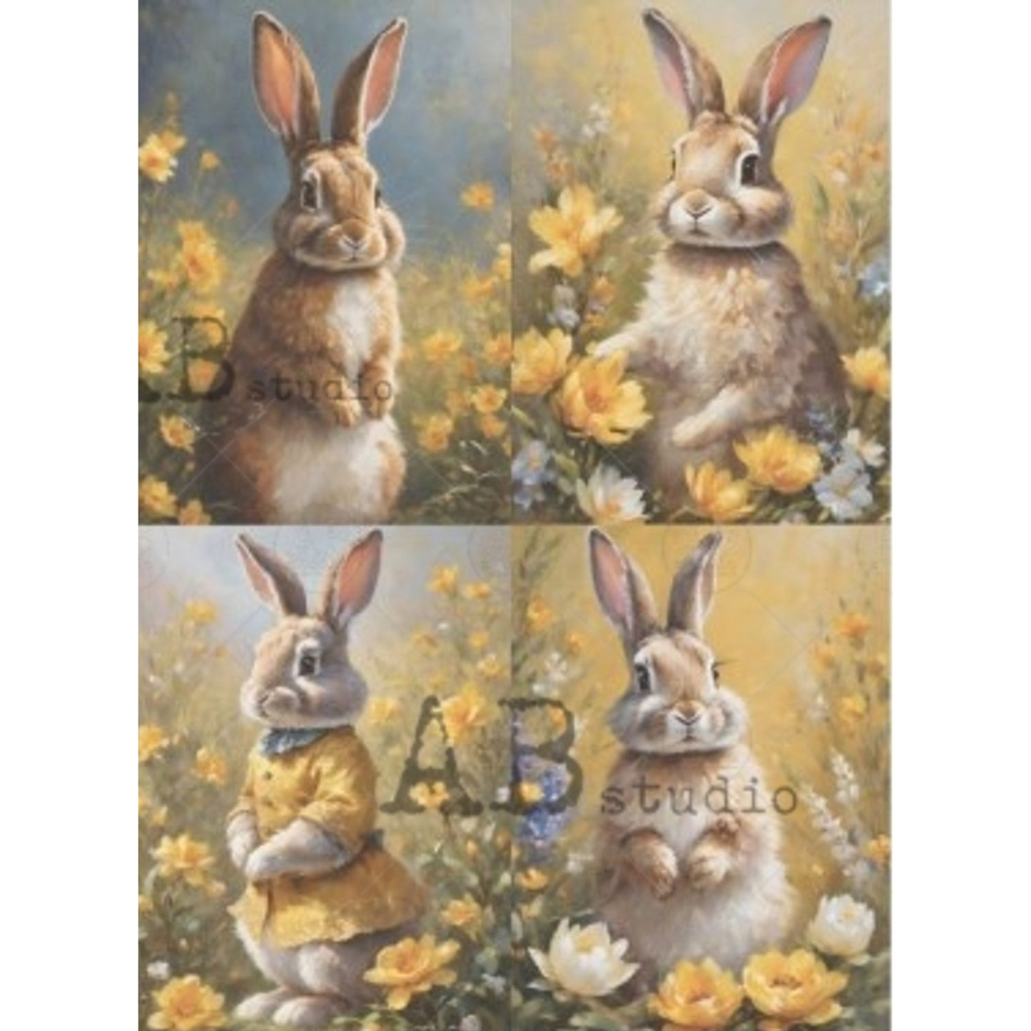"Bunny With Yellow Flowers" decoupage rice paper by AB Studio. Available at Milton's Daughter.