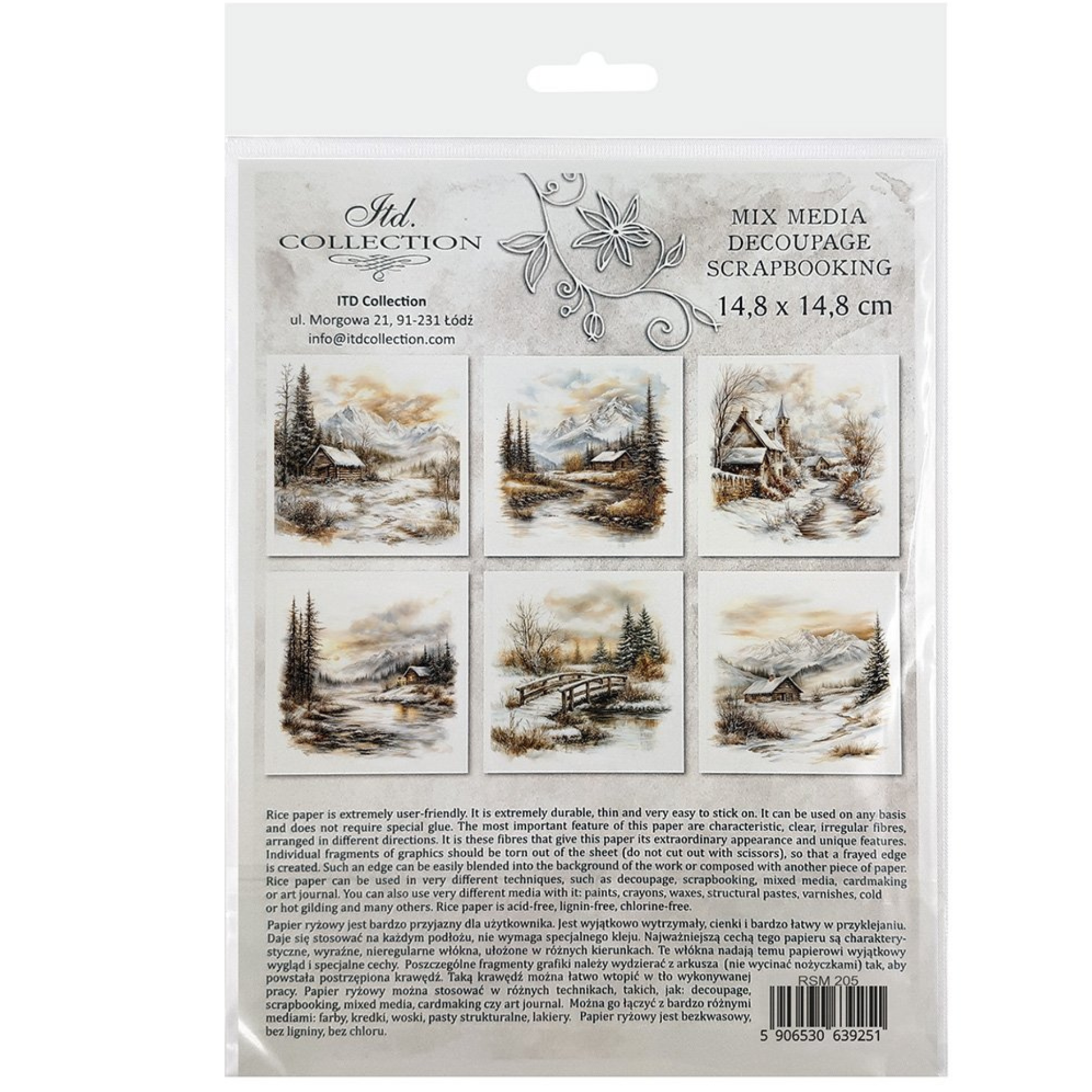 Packaging of ITD Collection decoupage scrapbooking paper with winter scene designs.