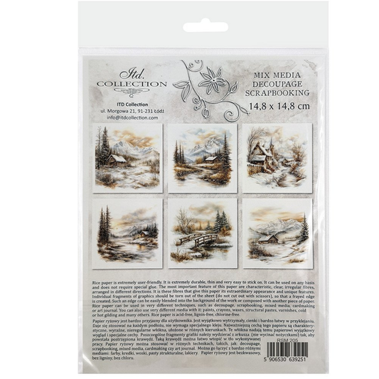 Packaging of ITD Collection decoupage scrapbooking paper with winter scene designs.