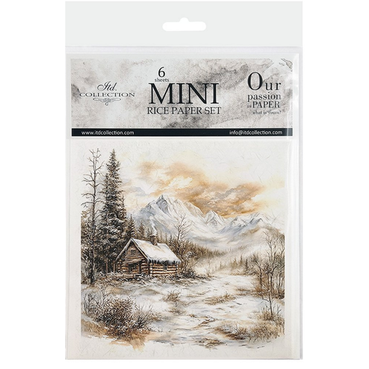 Packaging of mini rice paper set with mountain and cabin illustration