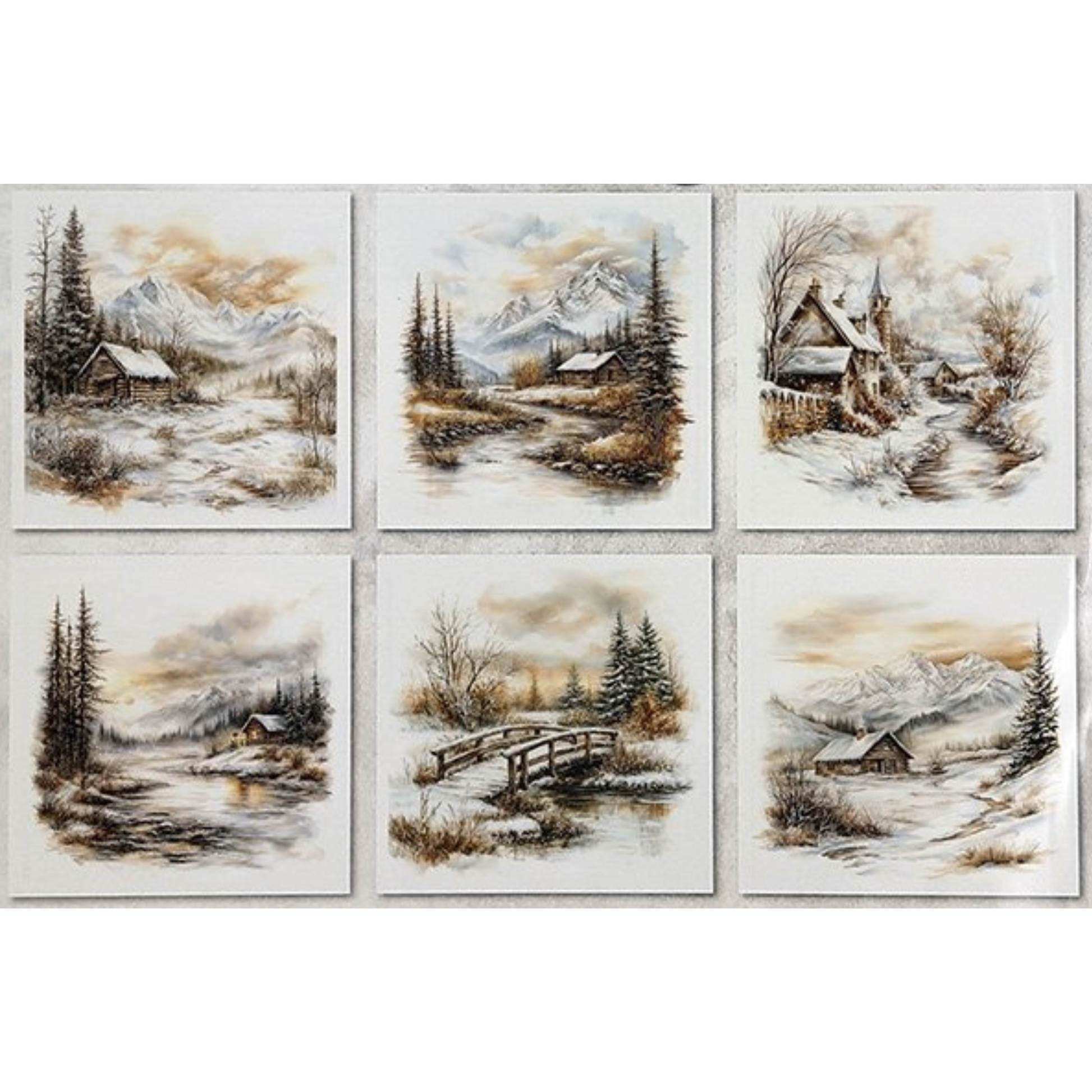 Set of six winter landscape paintings with mountains, cabins, and trees on a white background.