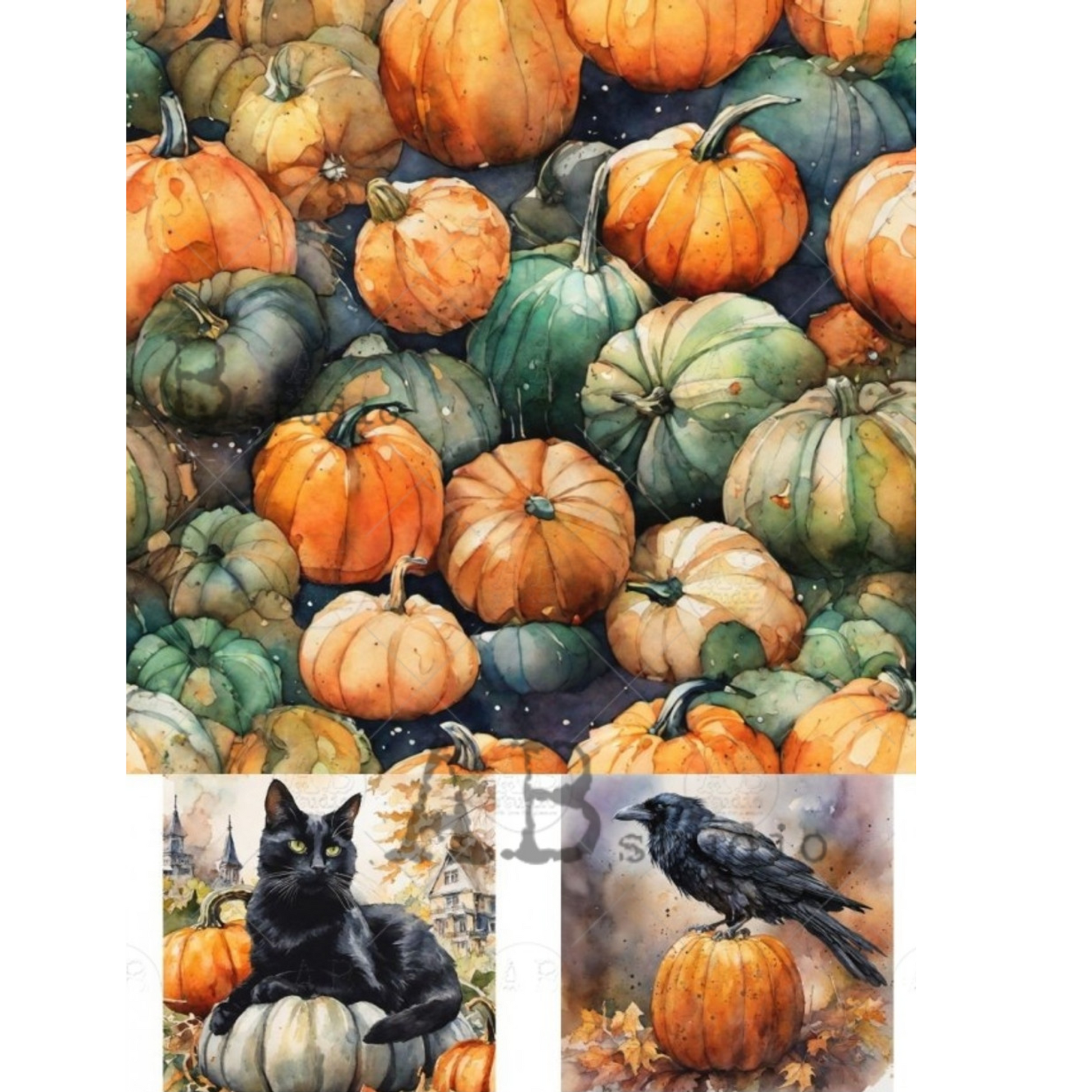 "Cat, Bird and Pumpkins-3 Scenes" decoupage rice paper by AB Studio. Available at Milton's Daughter.