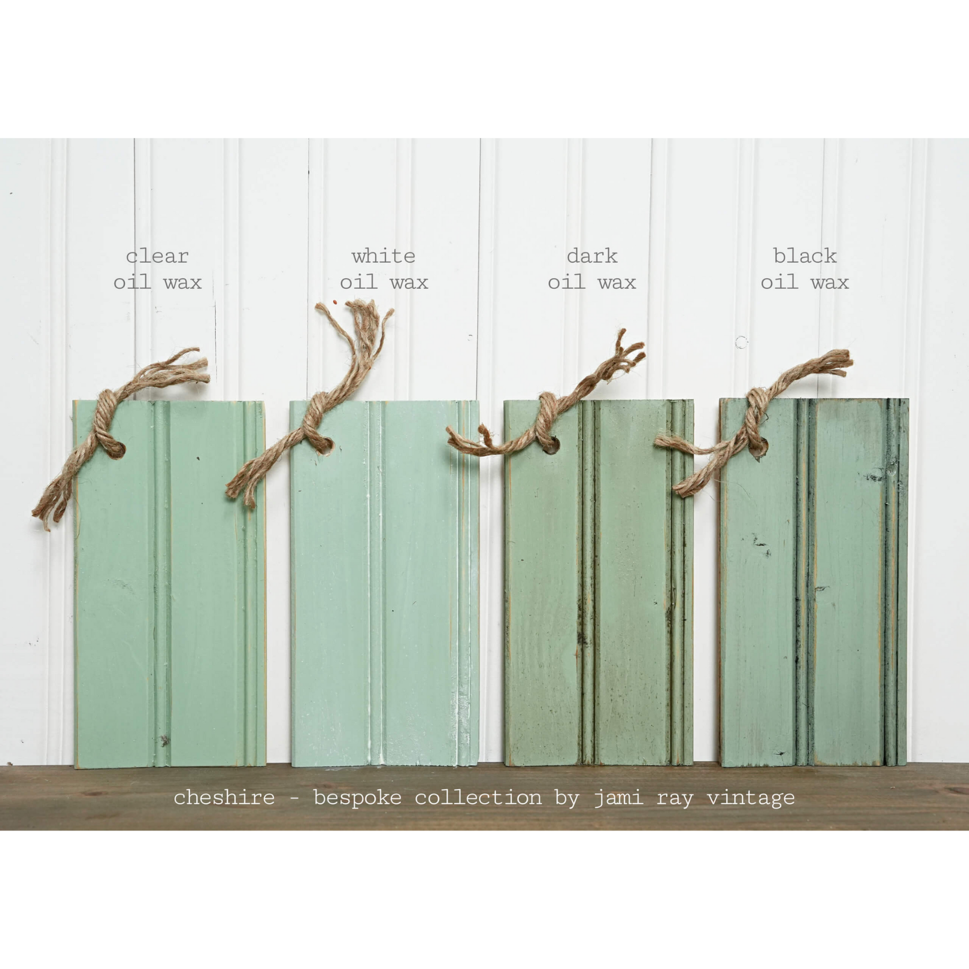 "Cheshire" Bespoke Collection by Sweet Pickins Milk Paint. Color curated by Jami Ray Vintage. Comparison of color with various oil wax finishes. Available at Milton's Daughter.