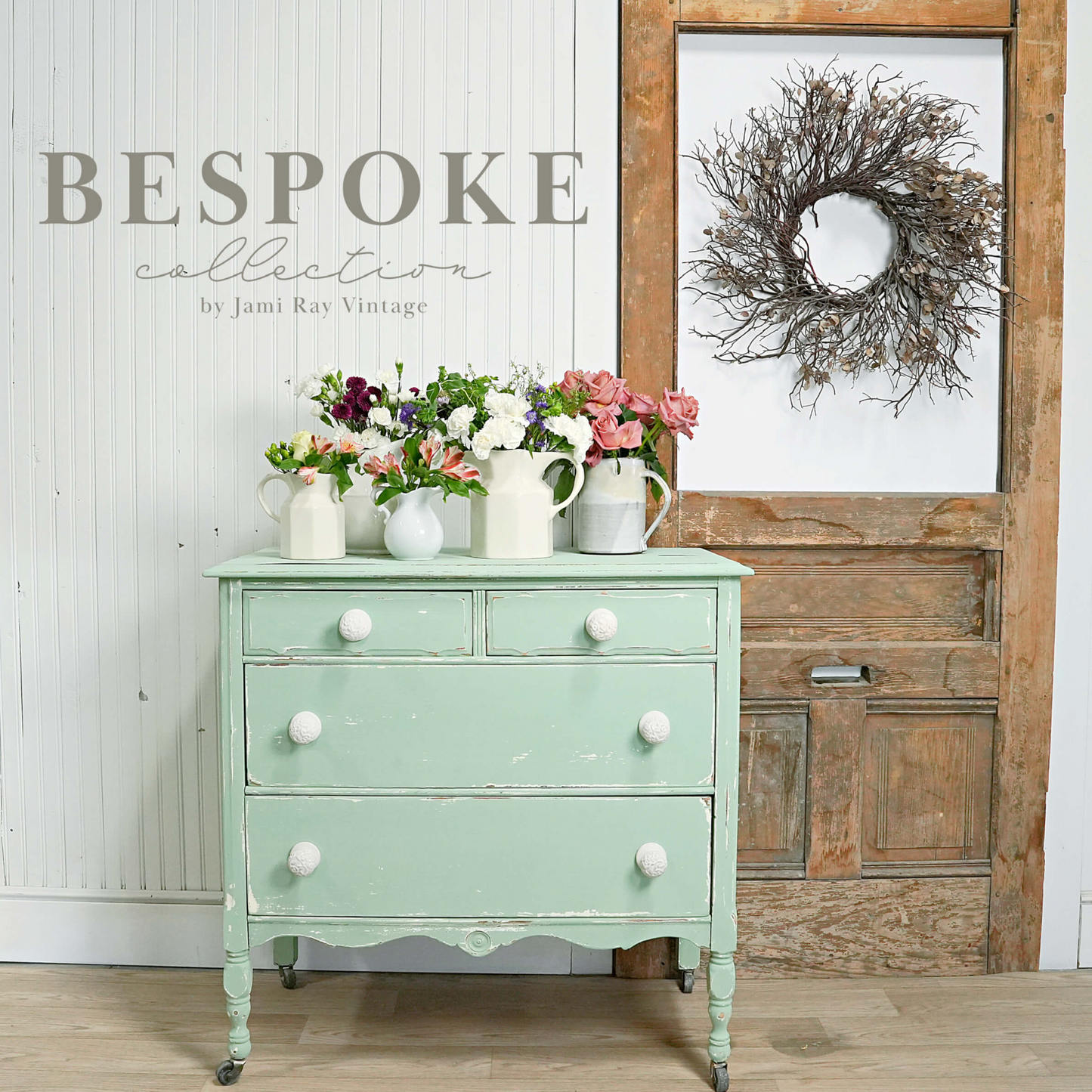 "Cheshire" Bespoke Collection by Sweet Pickins Milk Paint. Color curated by Jami Ray Vintage. Example of color painted on furniture. Available at Milton's Daughter.