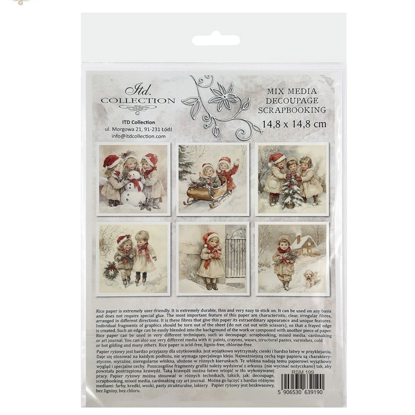 Packaged mix media decoupage scrapbooking paper with Christmas-themed illustrations of children playing in the snow on a white background.