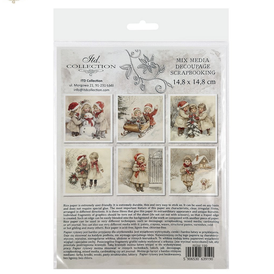 Packaged mix media decoupage scrapbooking paper with Christmas-themed illustrations of children playing in the snow on a white background.