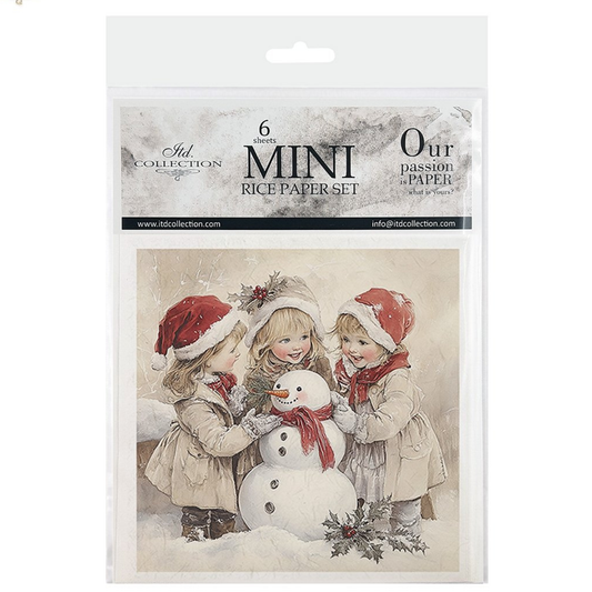 Packaging of mini rice paper set with children and snowman illustration