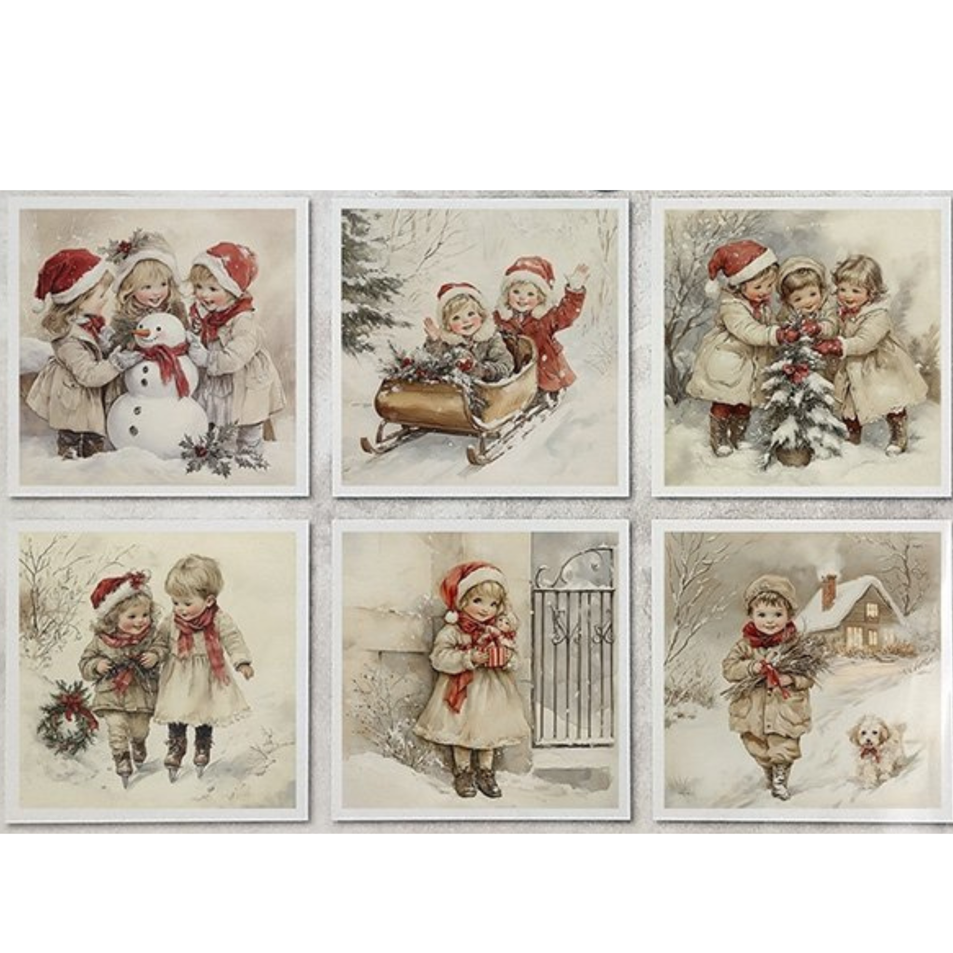 Set of six vintage-style Christmas scenes featuring children in winter scenes.