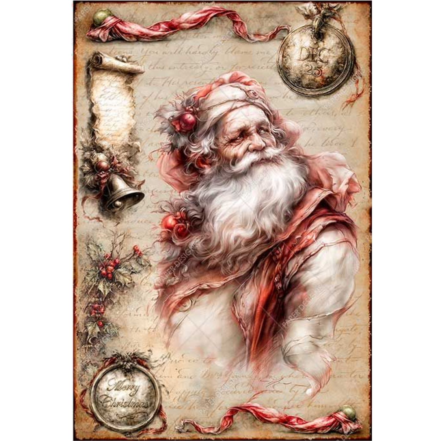 A vintage-style Christmas image featuring Santa Claus with a long white beard, red robe, and red ribbon details, set against an aged parchment background with decorative ornaments and script.
