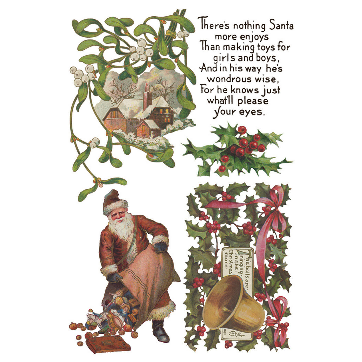 "Christmas Joy" IOD Transfer by Iron Orchid Designs. Available at Milton's Daughter. Pg 1 of 8. Vintage Christmas card with Santa Claus, holly, and mistletoe, featuring text.