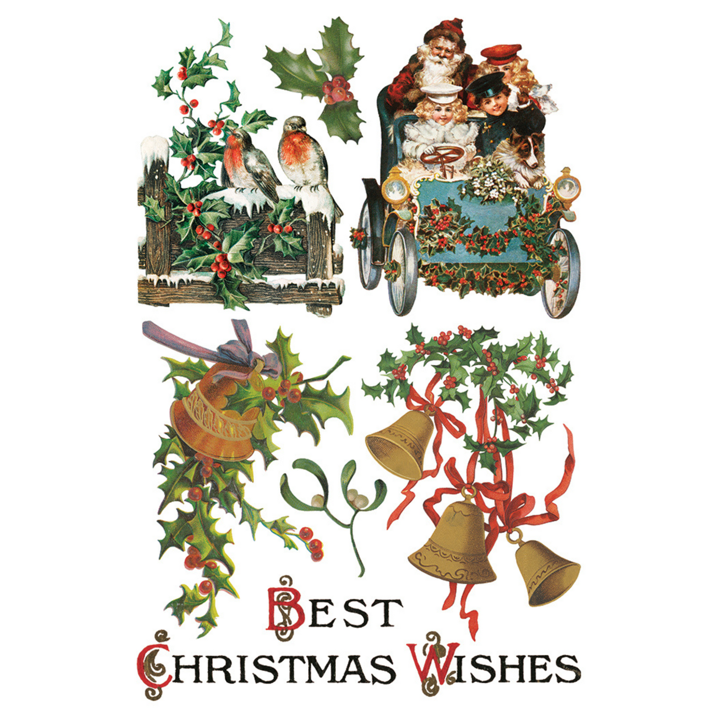 "Christmas Joy" IOD Transfer by Iron Orchid Designs. Available at Milton's Daughter. Pg 2 of 8. Vintage-style Christmas card with Santa Claus, holly, and bells.