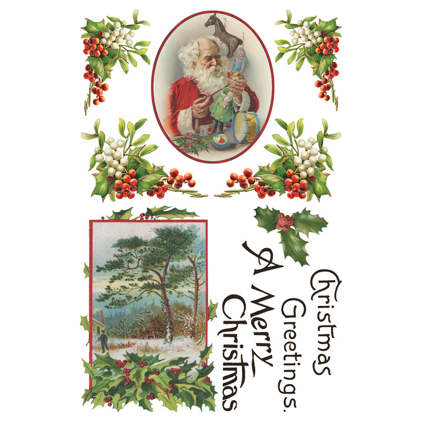 "Christmas Joy" IOD Transfer by Iron Orchid Designs. Available at Milton's Daughter. Pg 3 of 8. Vintage-style Christmas cards with Santa Claus and holly decorations.