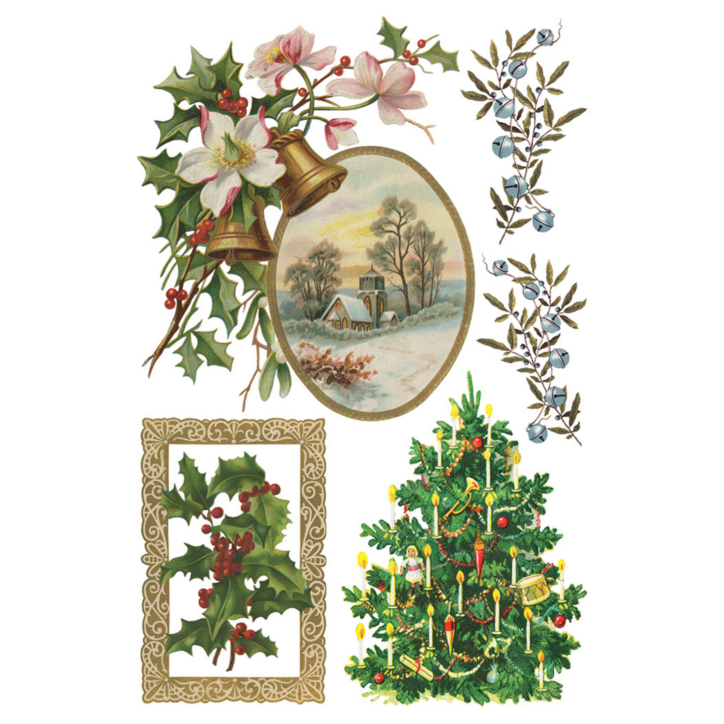 "Christmas Joy" IOD Transfer by Iron Orchid Designs. Available at Milton's Daughter. Pg 4 of 8. Vintage-style Christmas decorations with a tree, bells, and winter scene.