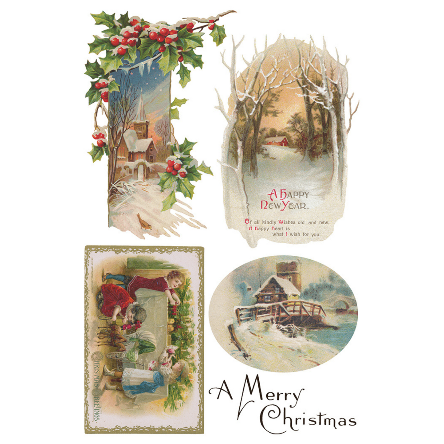 "Christmas Joy" IOD Transfer by Iron Orchid Designs. Available at Milton's Daughter. Pg. 5 of 8. Collection of vintage-style Christmas cards with winter scenes and text.